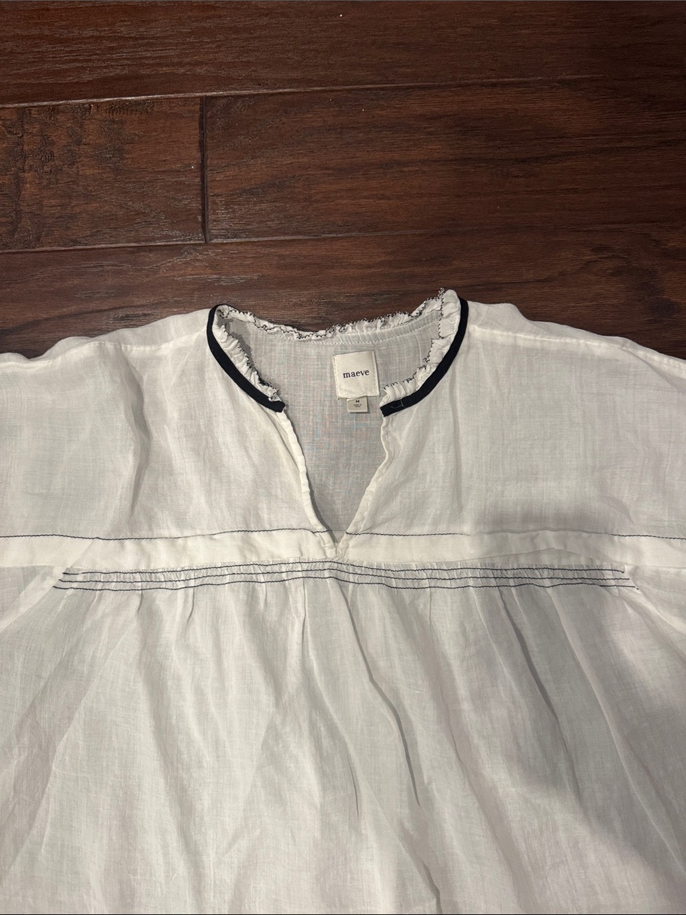Anthropologie White Cotton Peasant Blouse with Black Trim - Picture 4 of 8